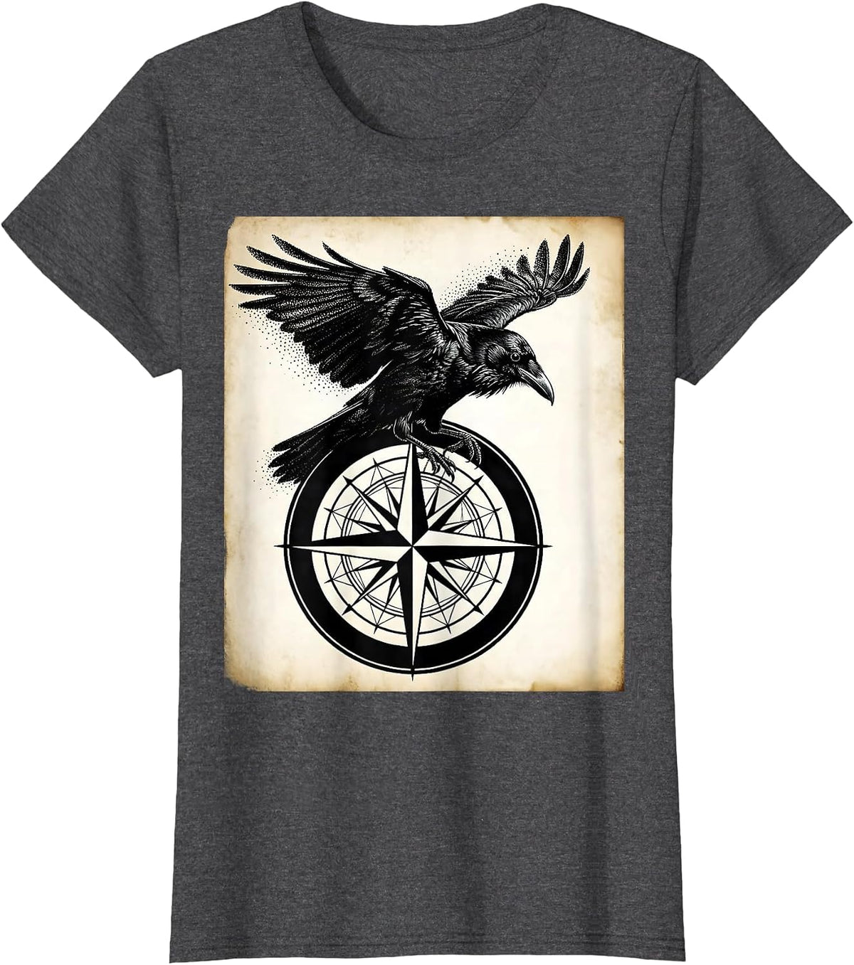 Women's Crow Perched on Vintage Compass Rose T-Shirt - Dark Heather Grey