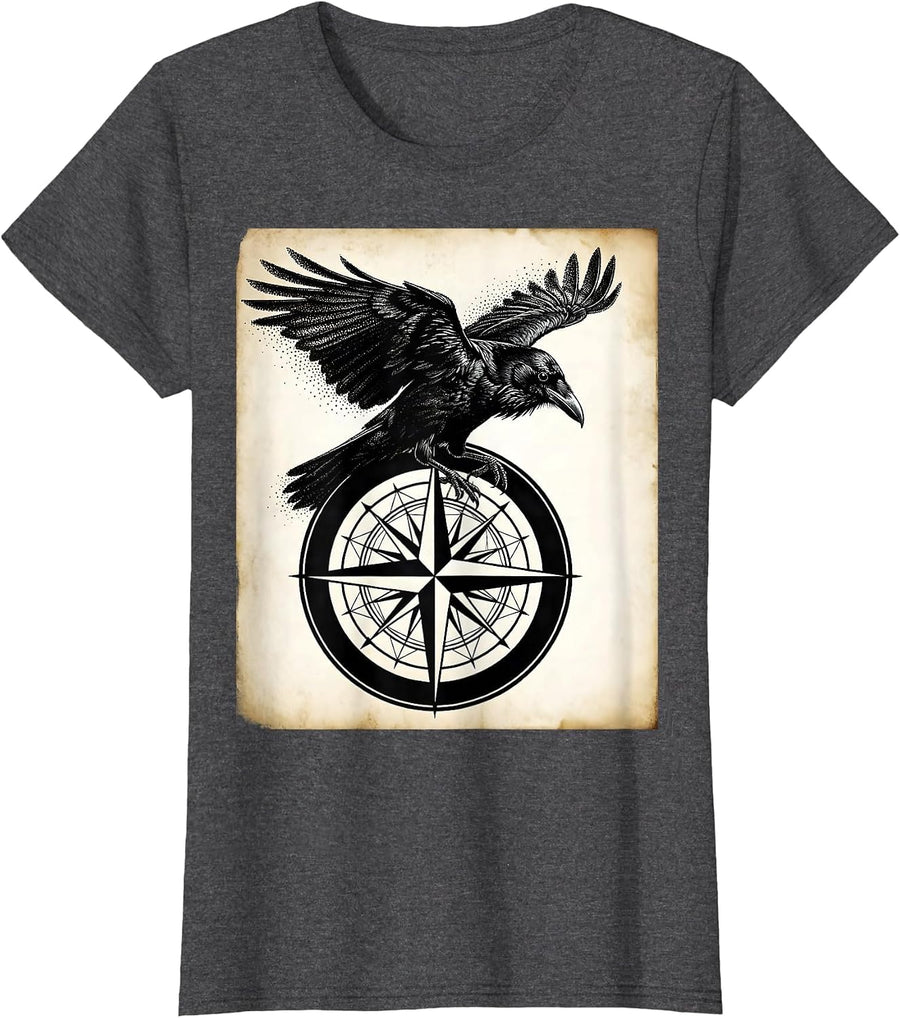Women's Crow Perched on Vintage Compass Rose T-Shirt - Dark Heather Grey