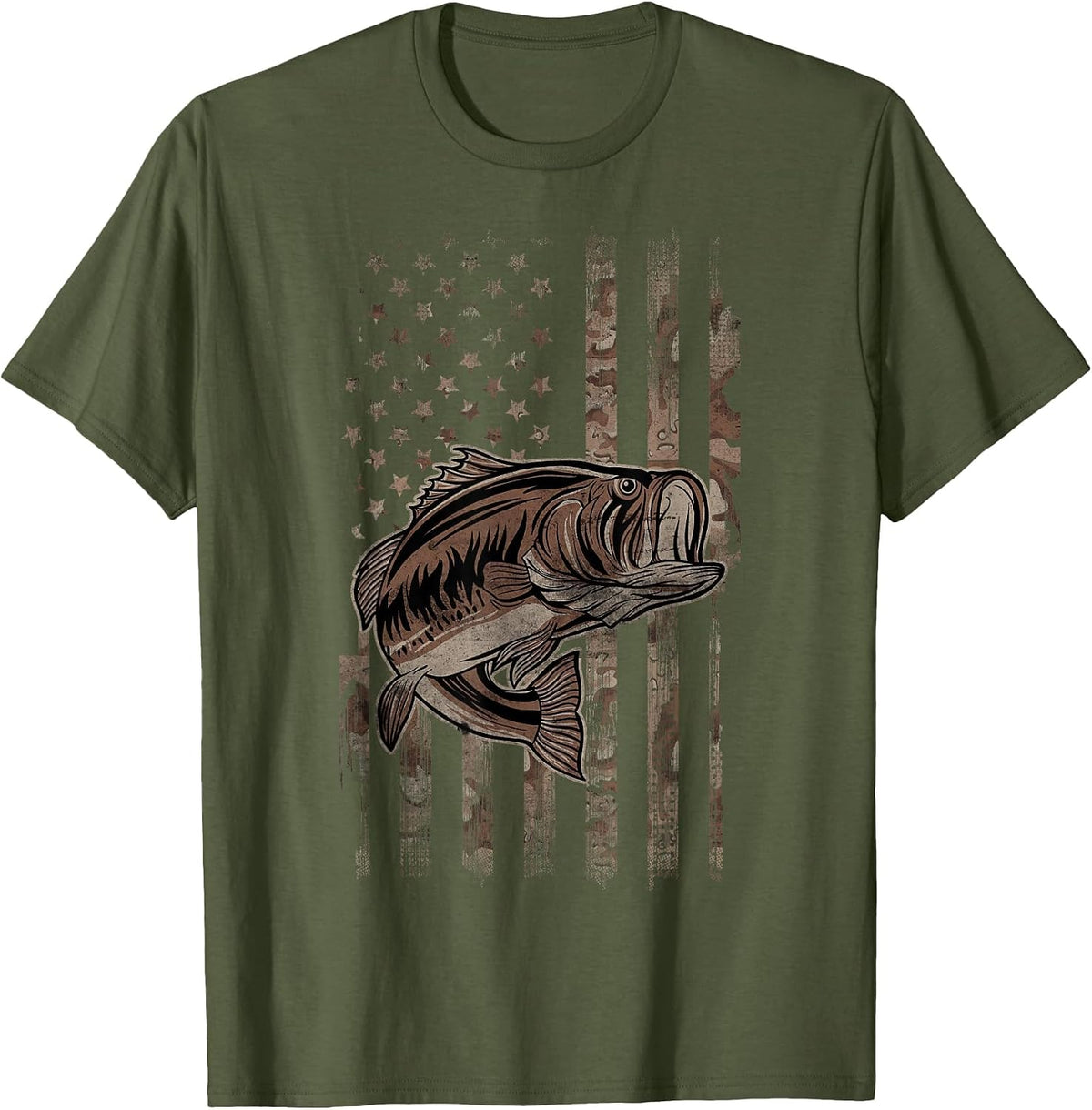 Camo American Flag Fishing - for Largemouth Bass Fisher T-Shirt - Olive Green