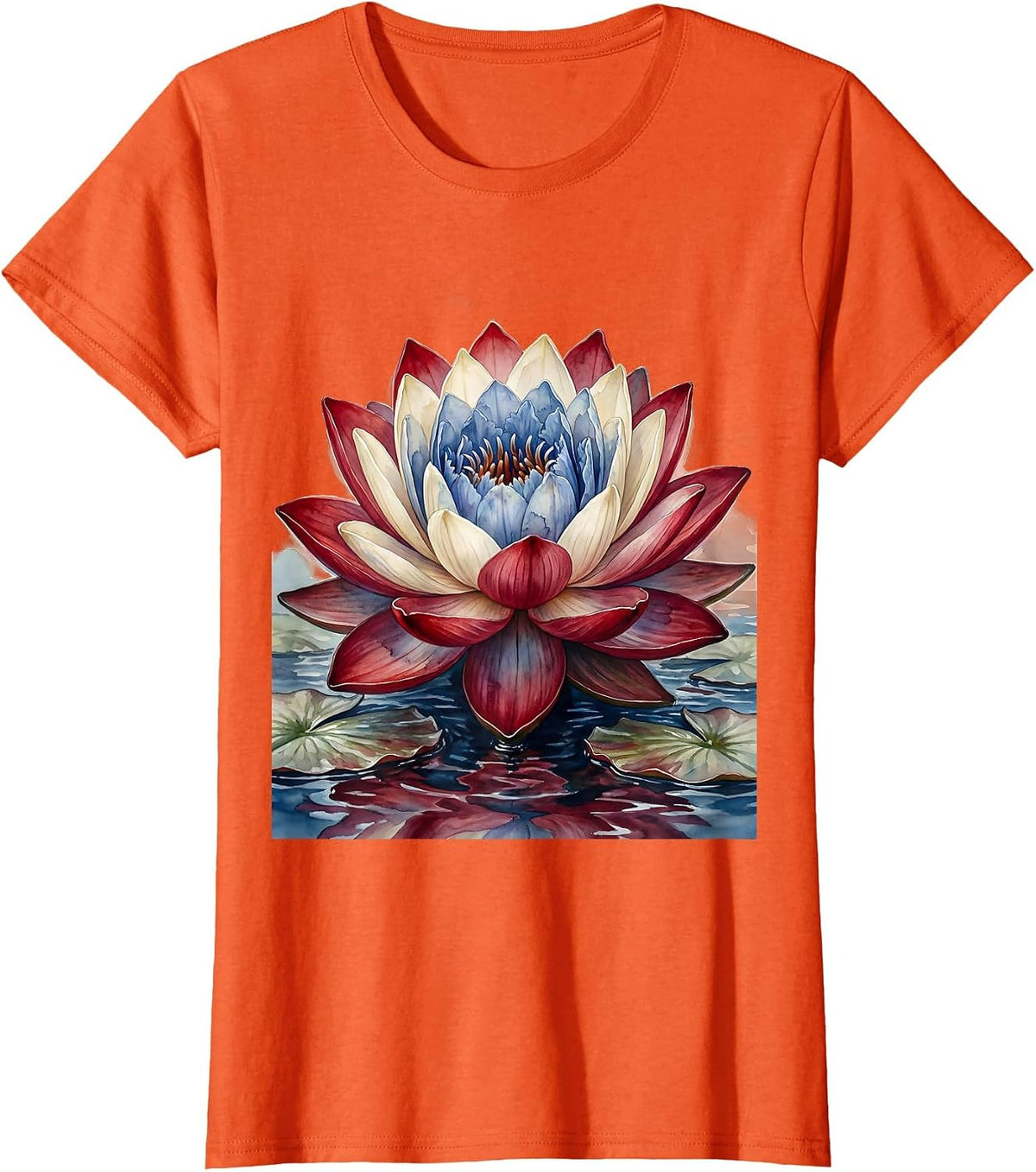 Red White Blue Lotus Flower Blooming Graphic T-Shirt - Orange