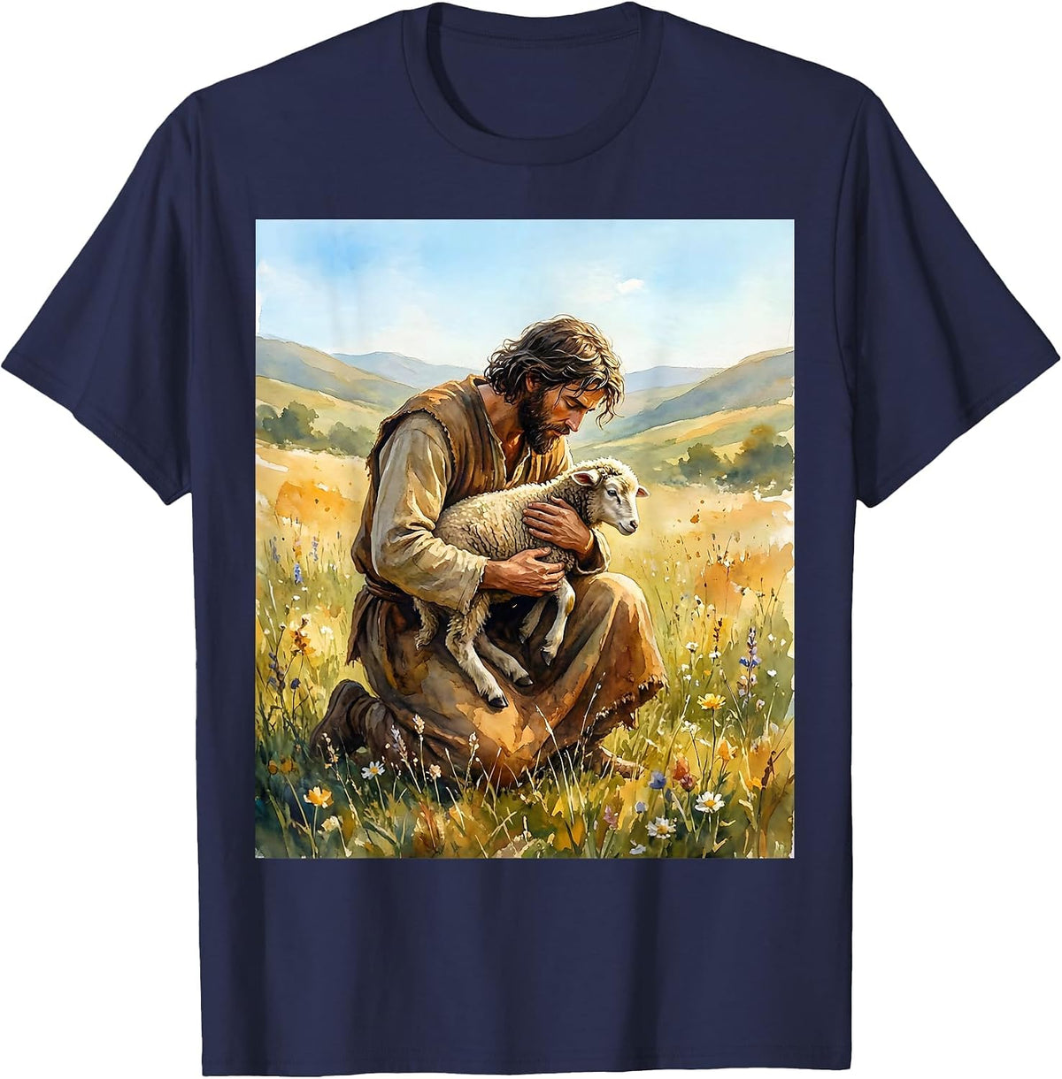 Psalm 23 Shepherd and Sheep Illustration T-Shirt - Navy Blue