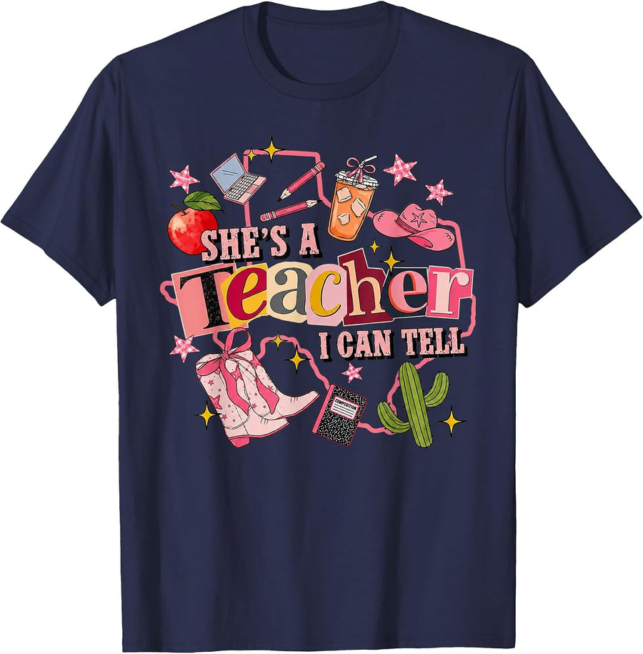 Shes A Teacher I Can Tell Western Classroom Art T-Shirt - Navy Blue