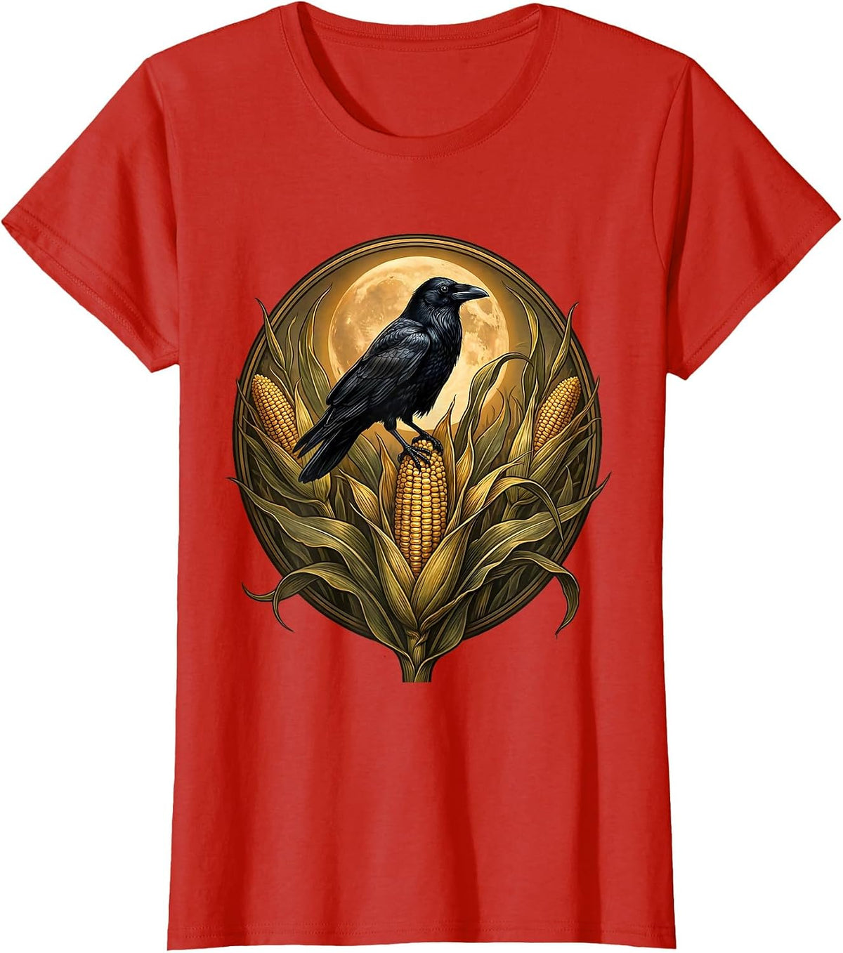 Crow on Cornstalk Harvest Field Illustration T-Shirt - Red