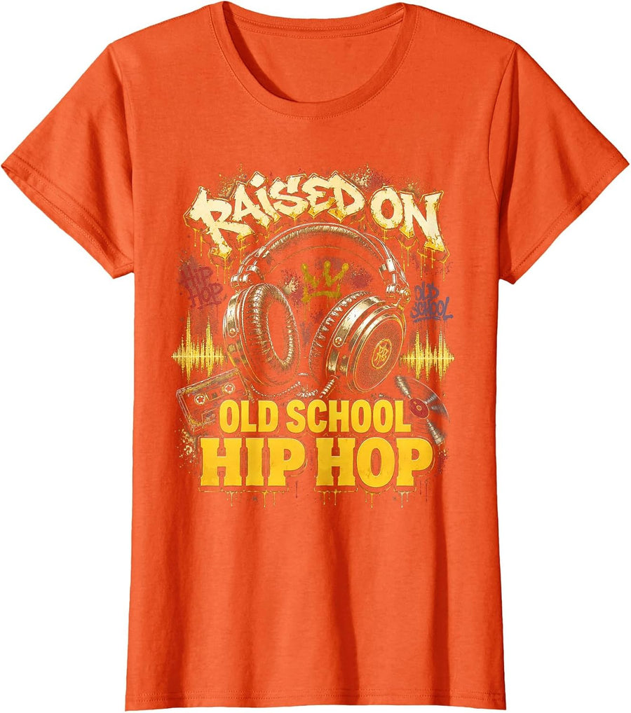 Raised On Old School Hip Hop Cassette Graffiti Rap T-Shirt, Women, Orange, X-Small - As Pictured