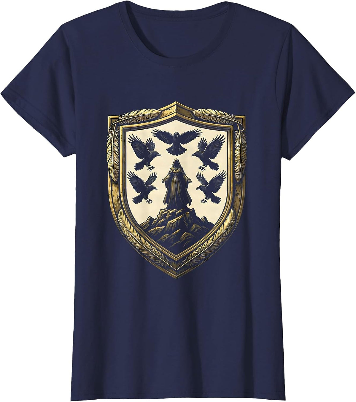Women's Crows Circling Lone Figure on Hilltop Design T-Shirt - Navy Blue