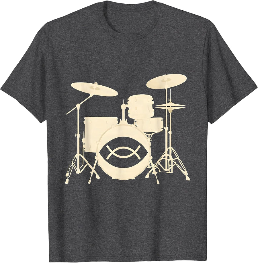 Men's Compact Drum Kit Silhouette Worship Musician Faith T-Shirt - Dark Heather Grey