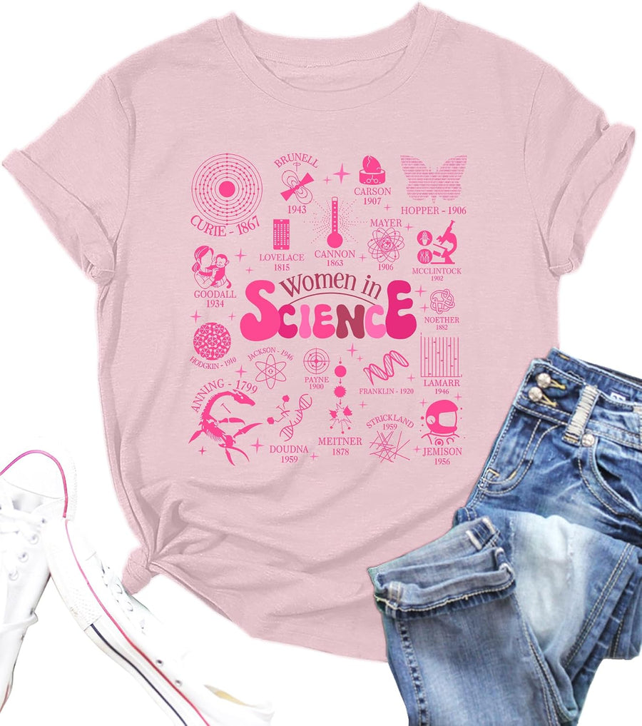 Women in Science Shirt Science Teacher T-Shirt Teacher Life Shirts Gift Short Sleeve Graphic Tees Tops - Pink