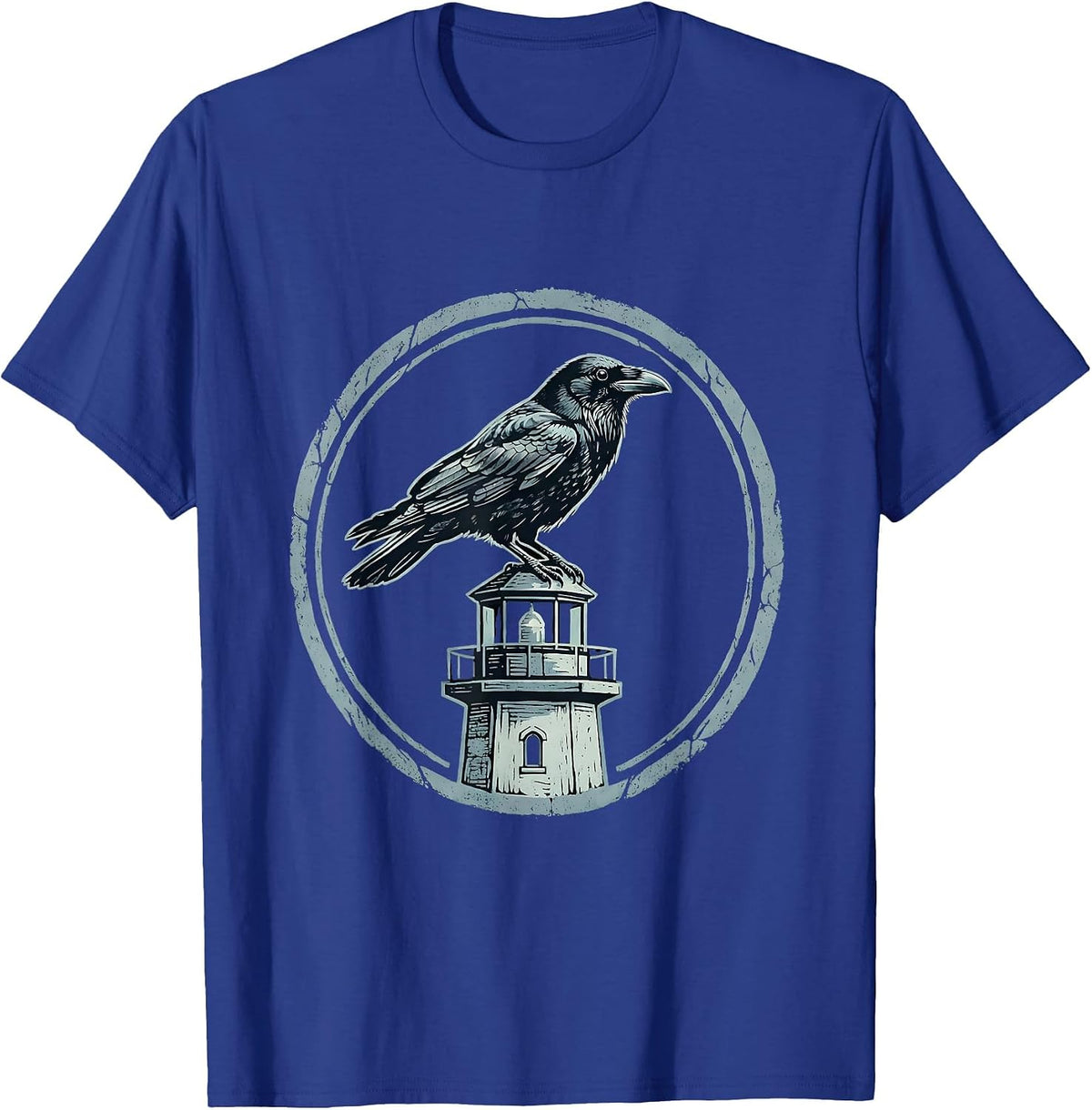 Men's Crow Perched on Old Lighthouse Illustration T-Shirt - Royal Blue