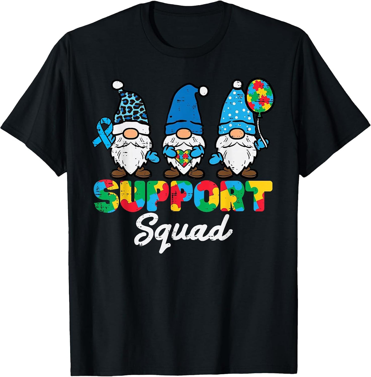 Autism Support Squad Gnomes Awareness Matching Men Women Kid T-Shirt - Black