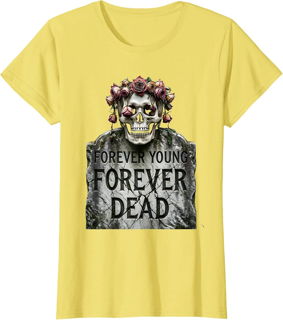 Forever Young Forever Dead Skull Graphic Design T-Shirt - Lemon Yellow