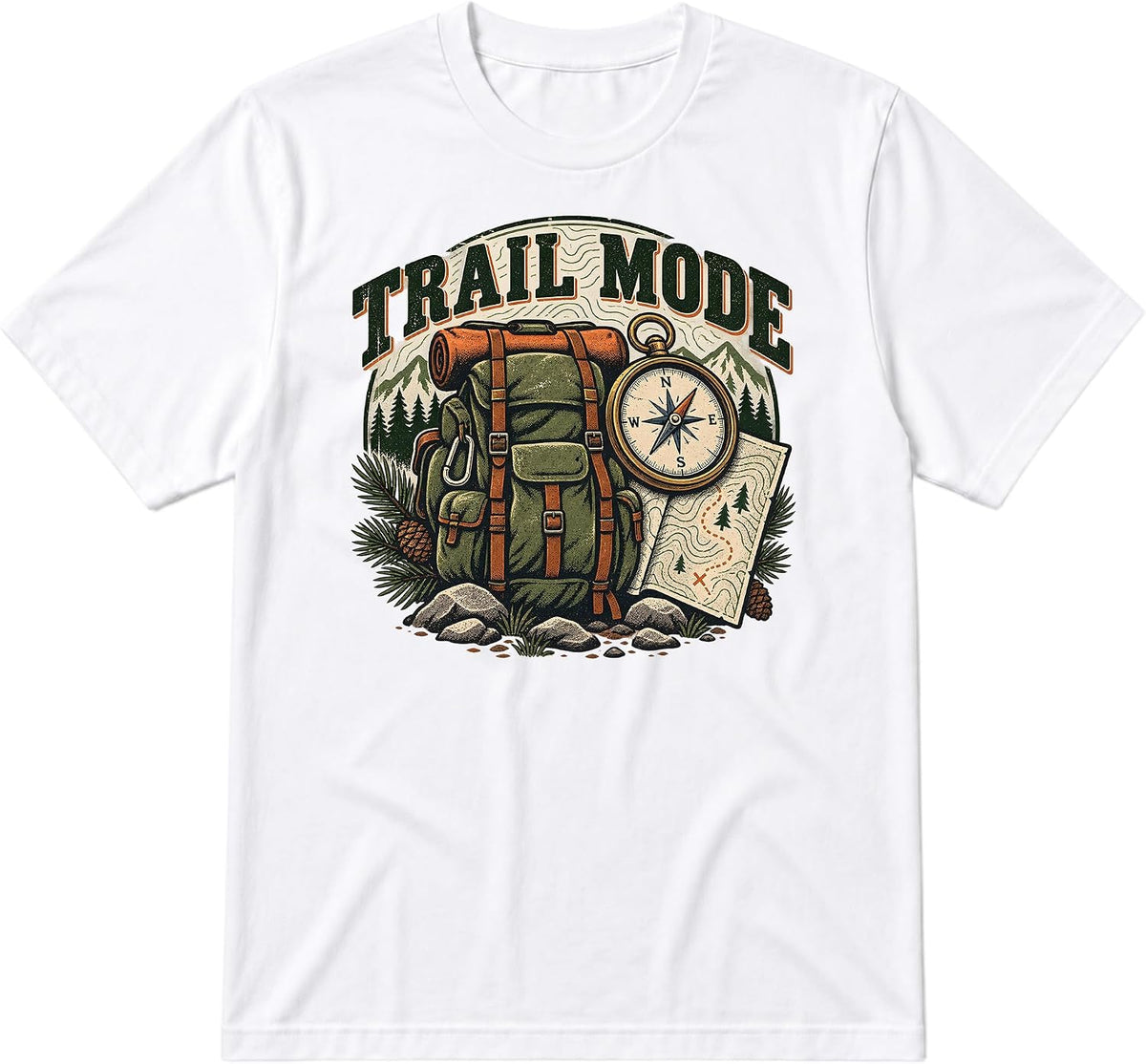 Camping T-Shirt, Hiking Backpack and Compass Graphic - White