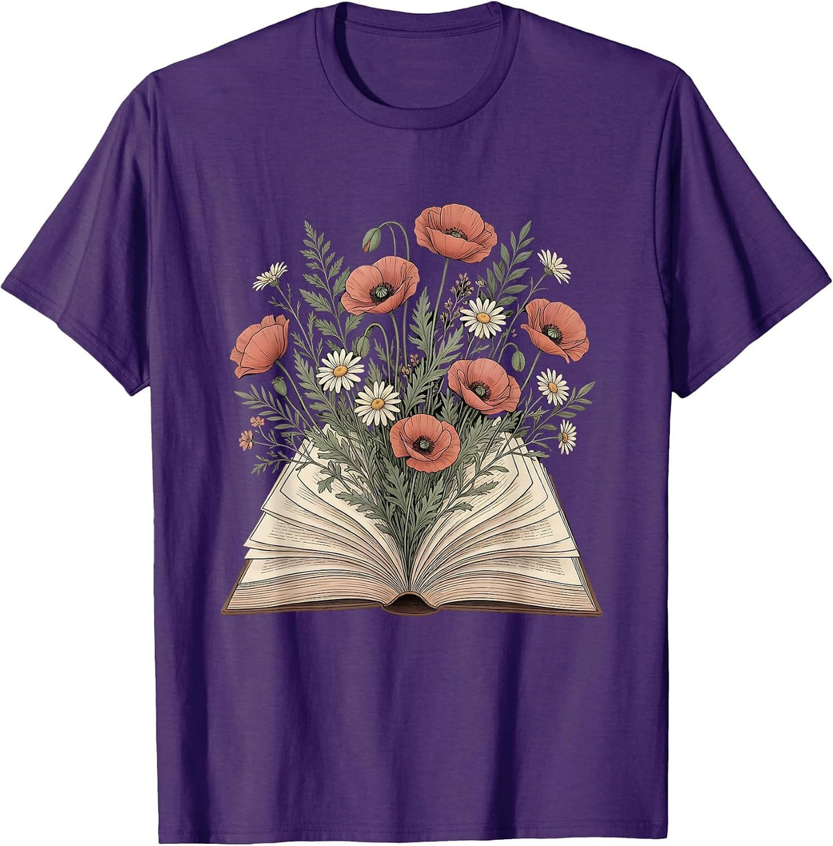 Floral Open Book Blooming Pages Illustration T-Shirt - Purple