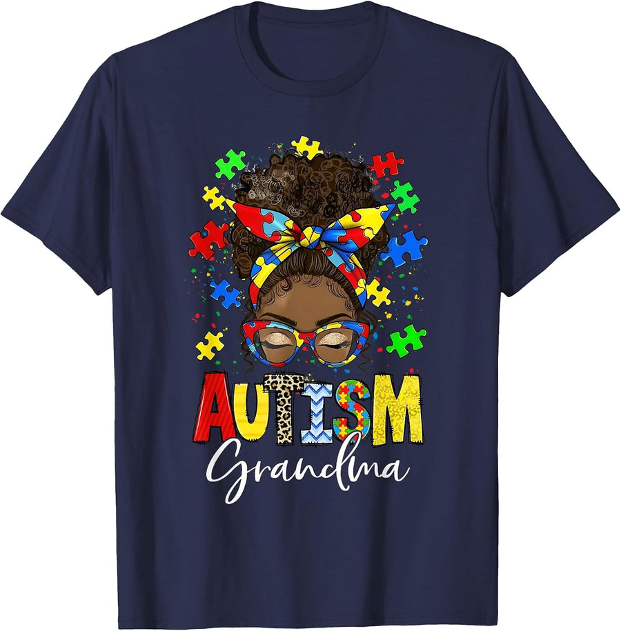 Autism Awareness Support Grandma Afro Messy Bun Black Women T-Shirt - Navy Blue