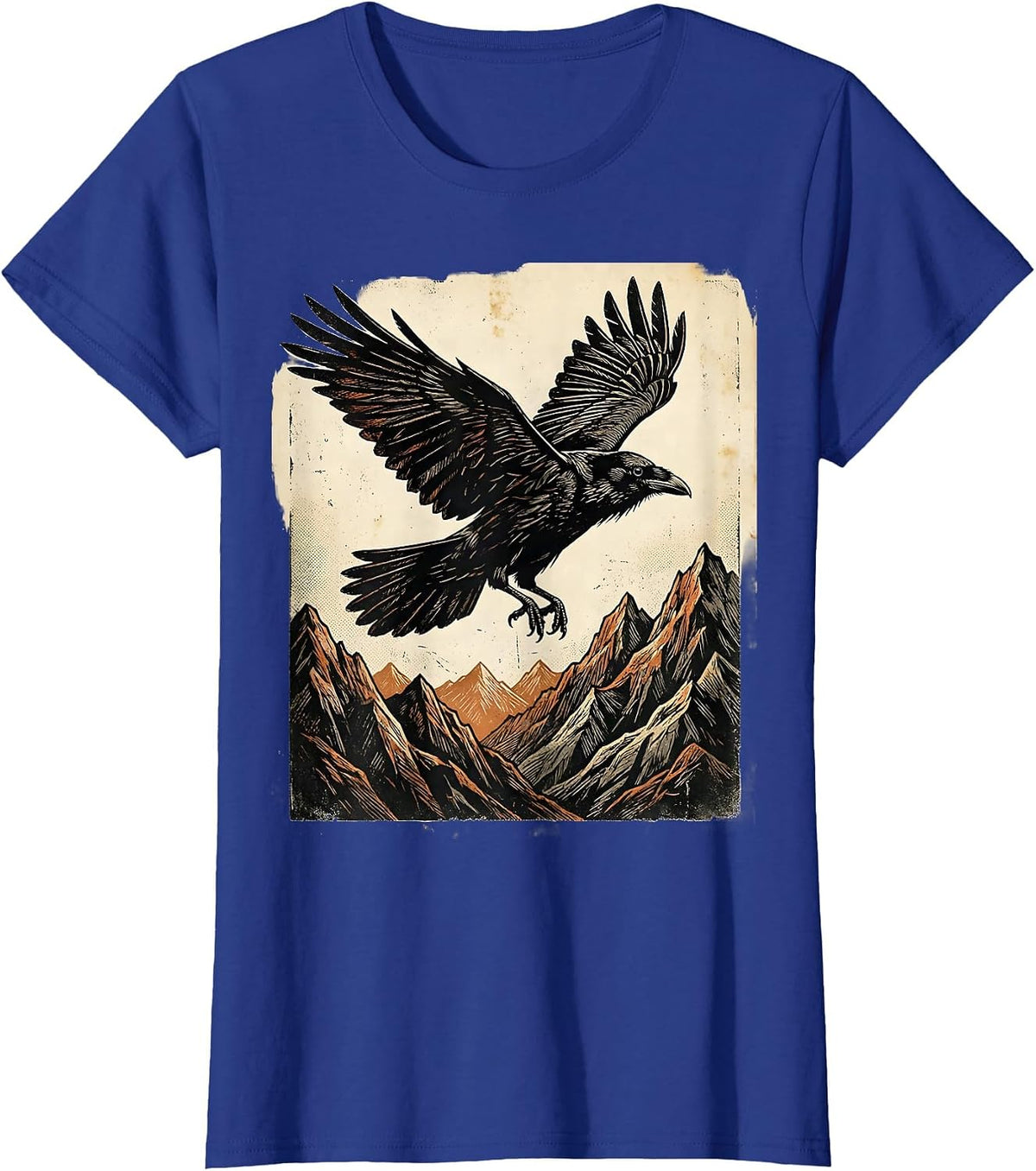 Women's Crow Soaring Over Mountain Peaks Graphic T-Shirt - Royal Blue