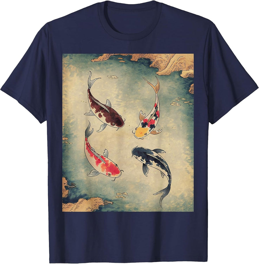 Japanese Koi Fish Art Ink Wash Design T-Shirt - Navy Blue