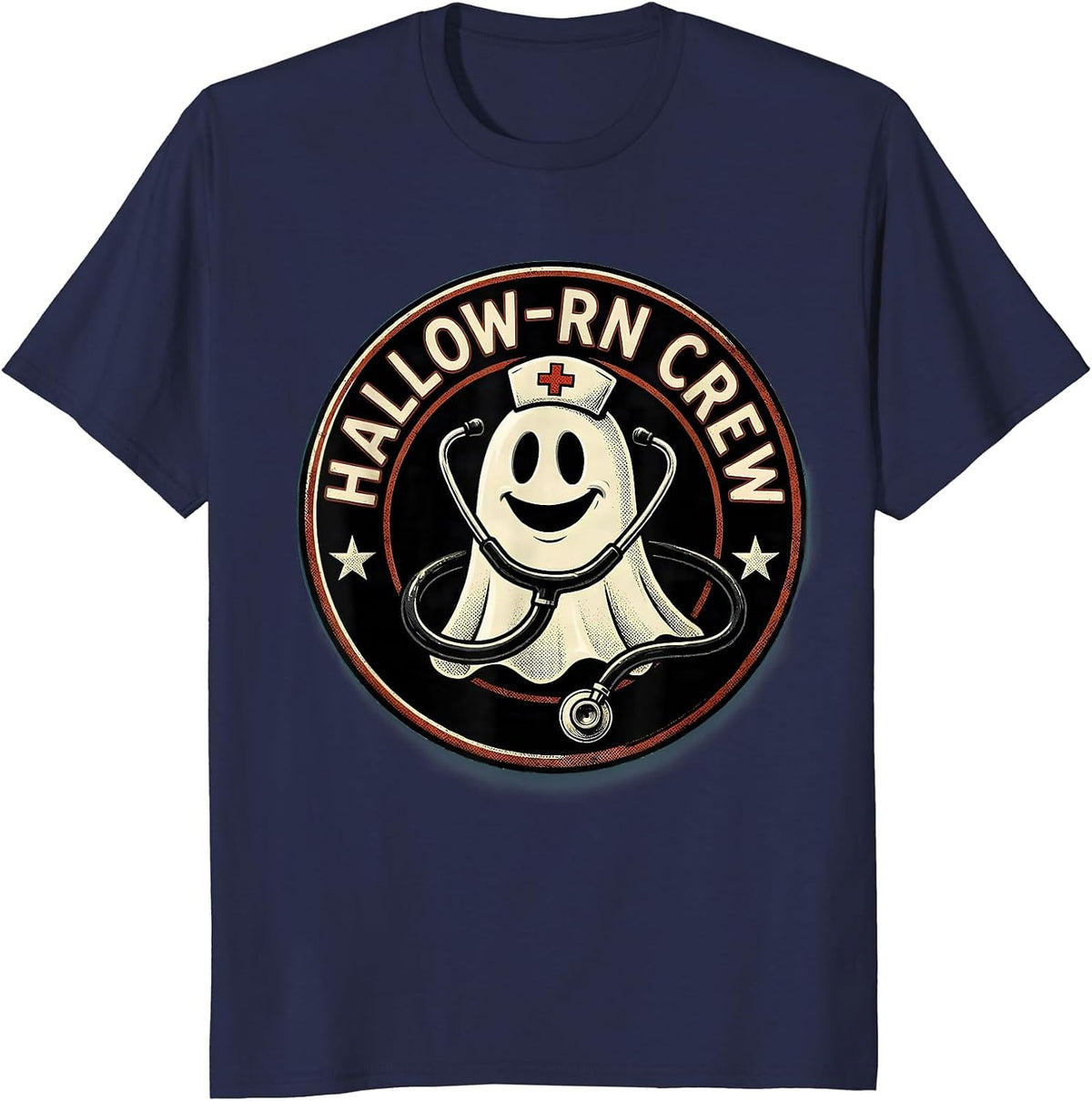 Men's Hallow-RN Crew Retro Cartoon Halloween Nurse Medical Humor T-Shirt - Navy Blue
