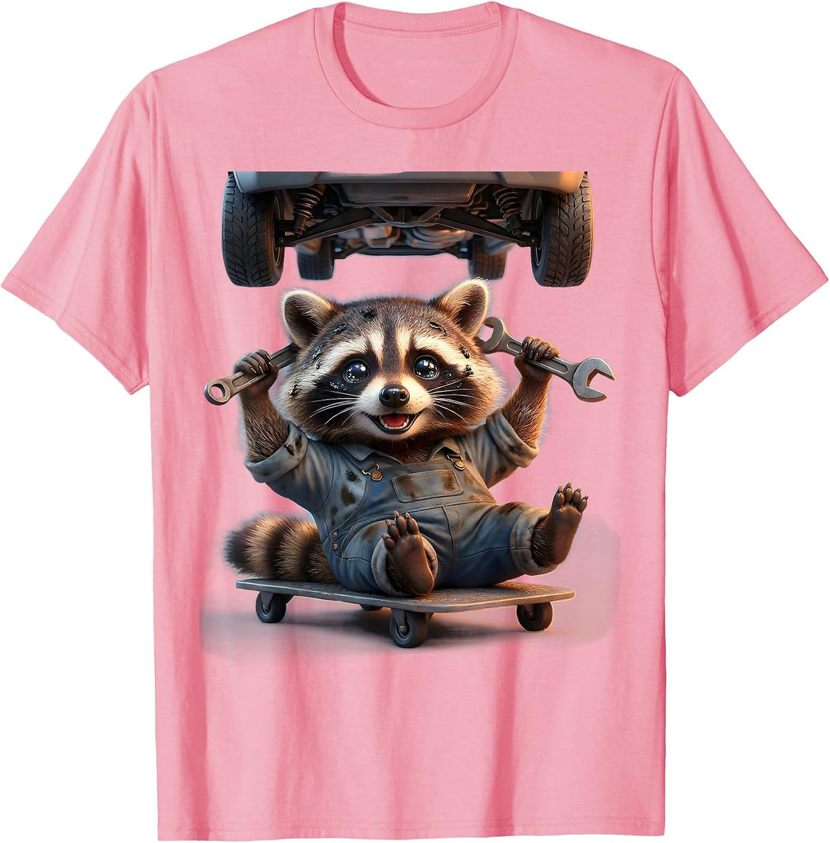 Men's Raccoon Mechanic Grease Monkey Garage Art T-Shirt - Pink