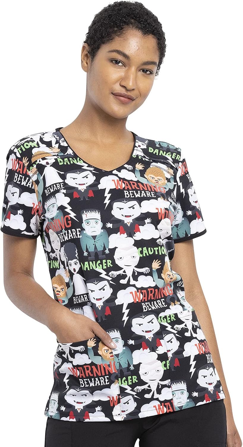 Tooniforms Scrubs Top Women V-Neck Modern Classic Fit - Beware of Monsters