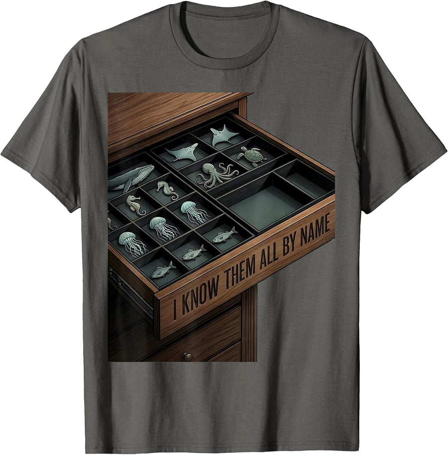 I Know Them All By Name Editorial Conceptual Marine Life T-Shirt - Asphalt Grey