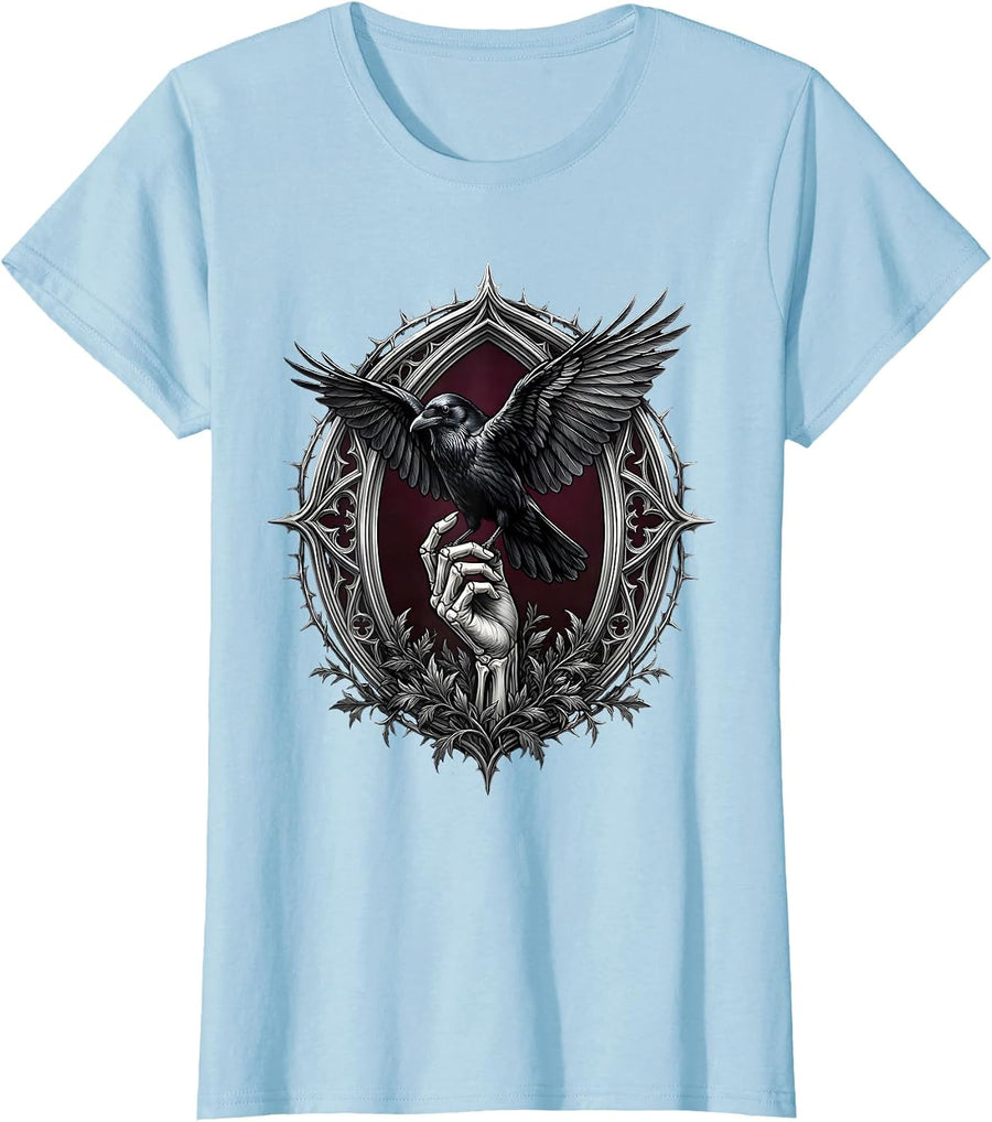 Women's Crow Perched on Hand Reaching Up Graphic T-Shirt - Baby Blue