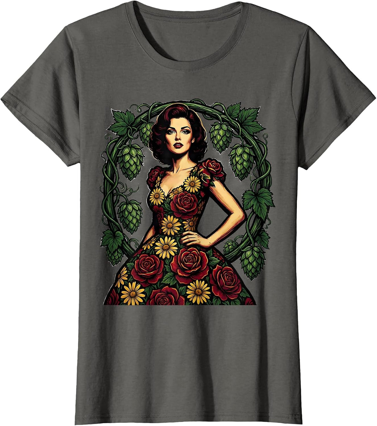 Women's Floral Hops Vine Beer Lover Illustration T-Shirt - Asphalt Grey