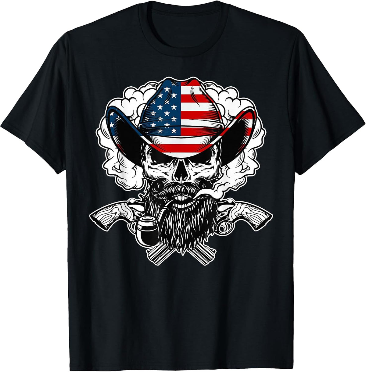 Cool Sugar Skull Cowboy Hat American Flag 4th of July T-Shirt - Black