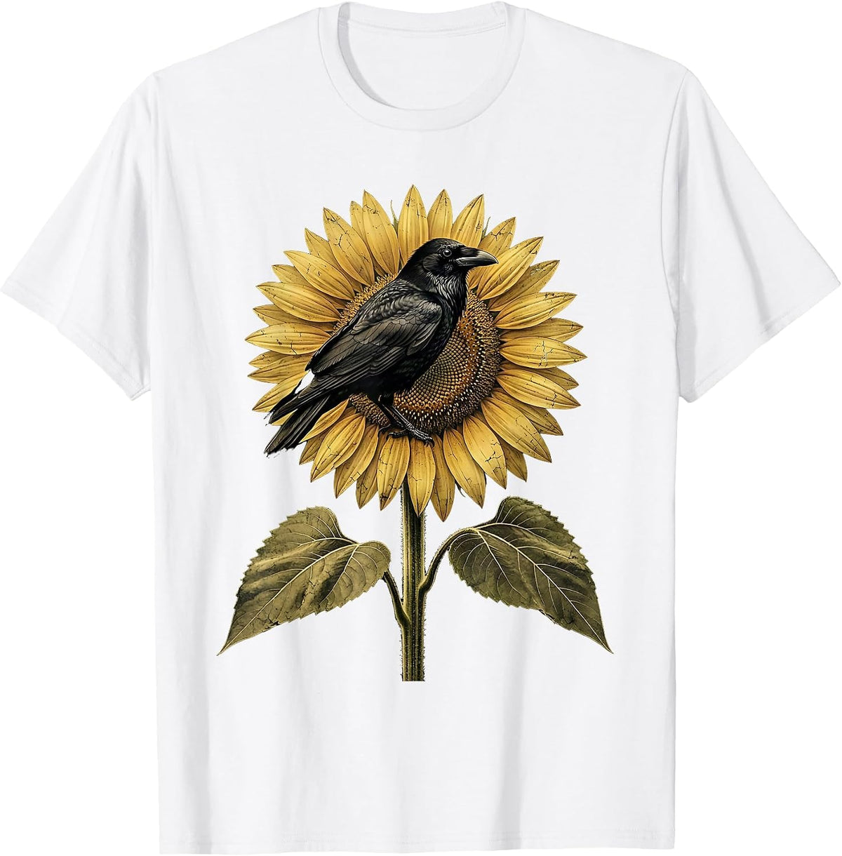 Crow Perched on Sunflower Illustration T-Shirt - White