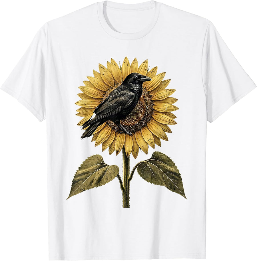 Crow Perched on Sunflower Illustration T-Shirt - White