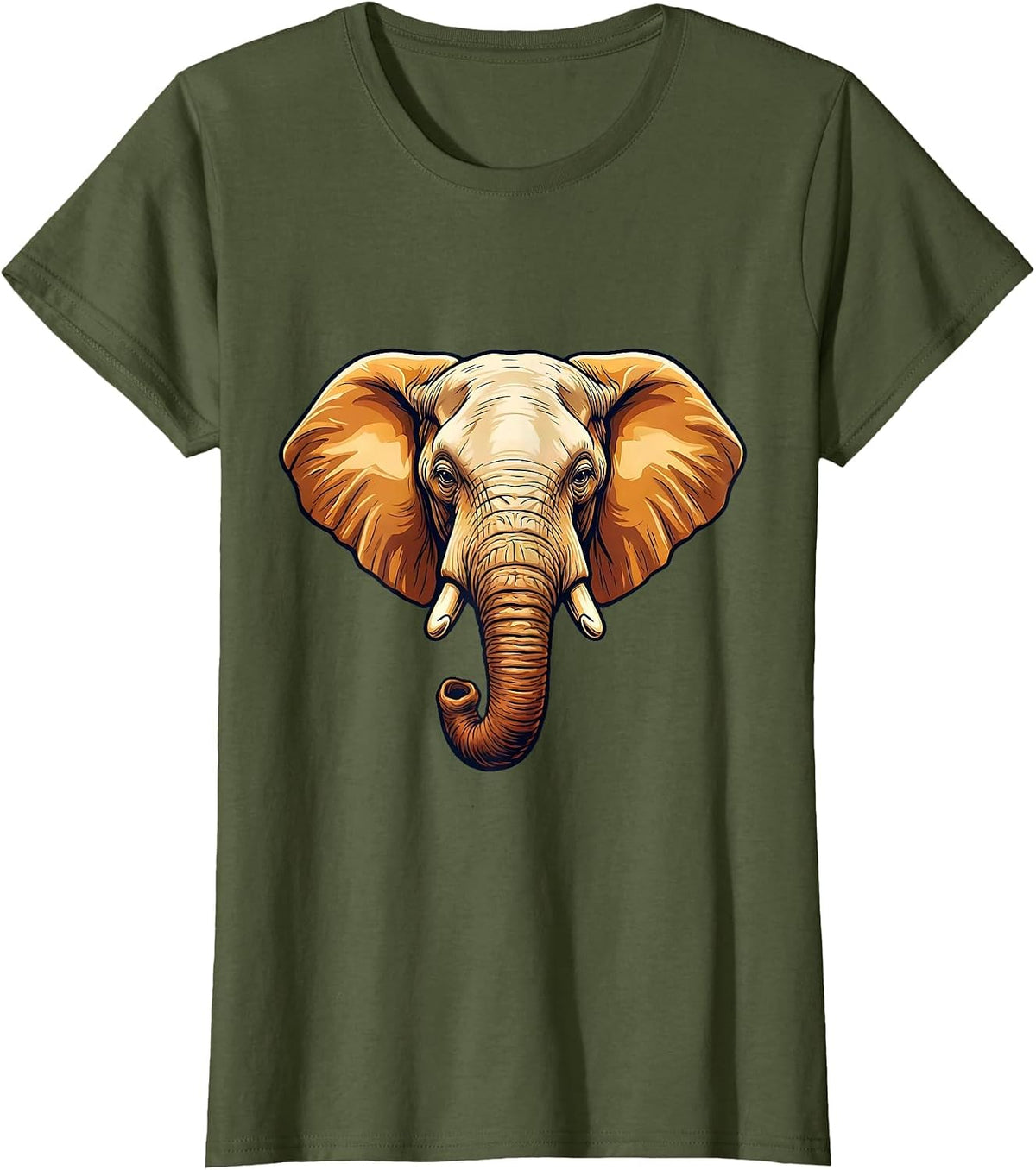 Women's Elephant Portrait Cute Animal Lover Wildlife Art T-Shirt - Olive Green
