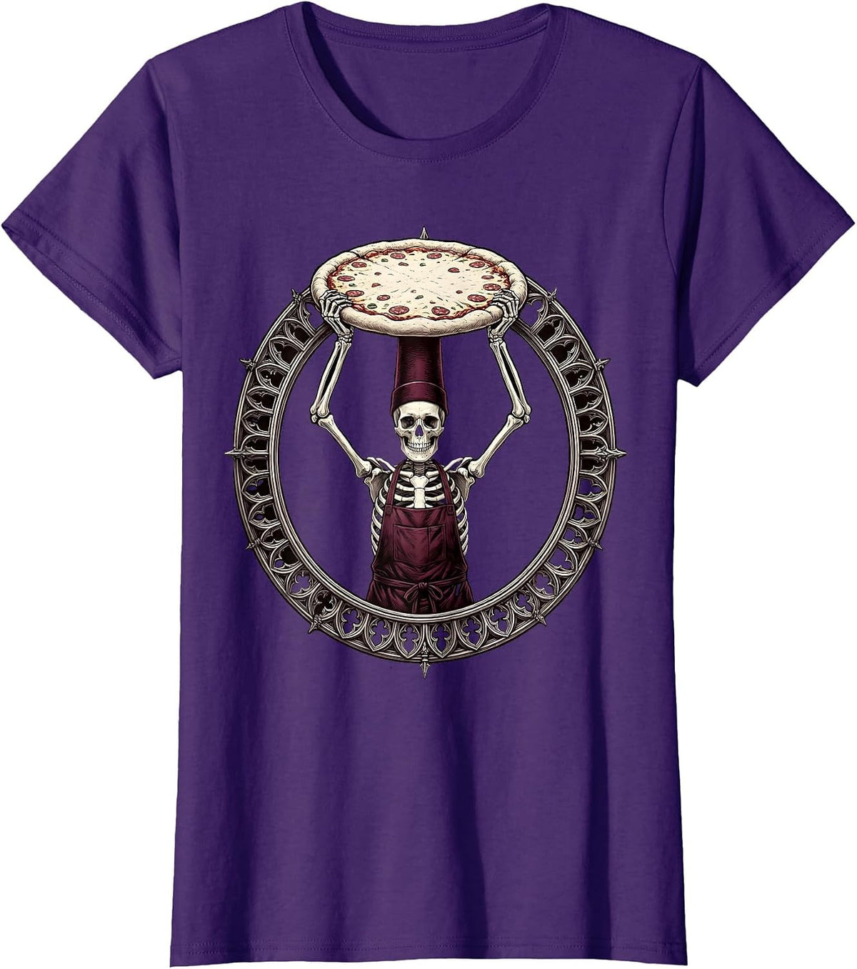 Women's Skeleton Chef Tossing Pizza Dough Illustration T-Shirt - Purple