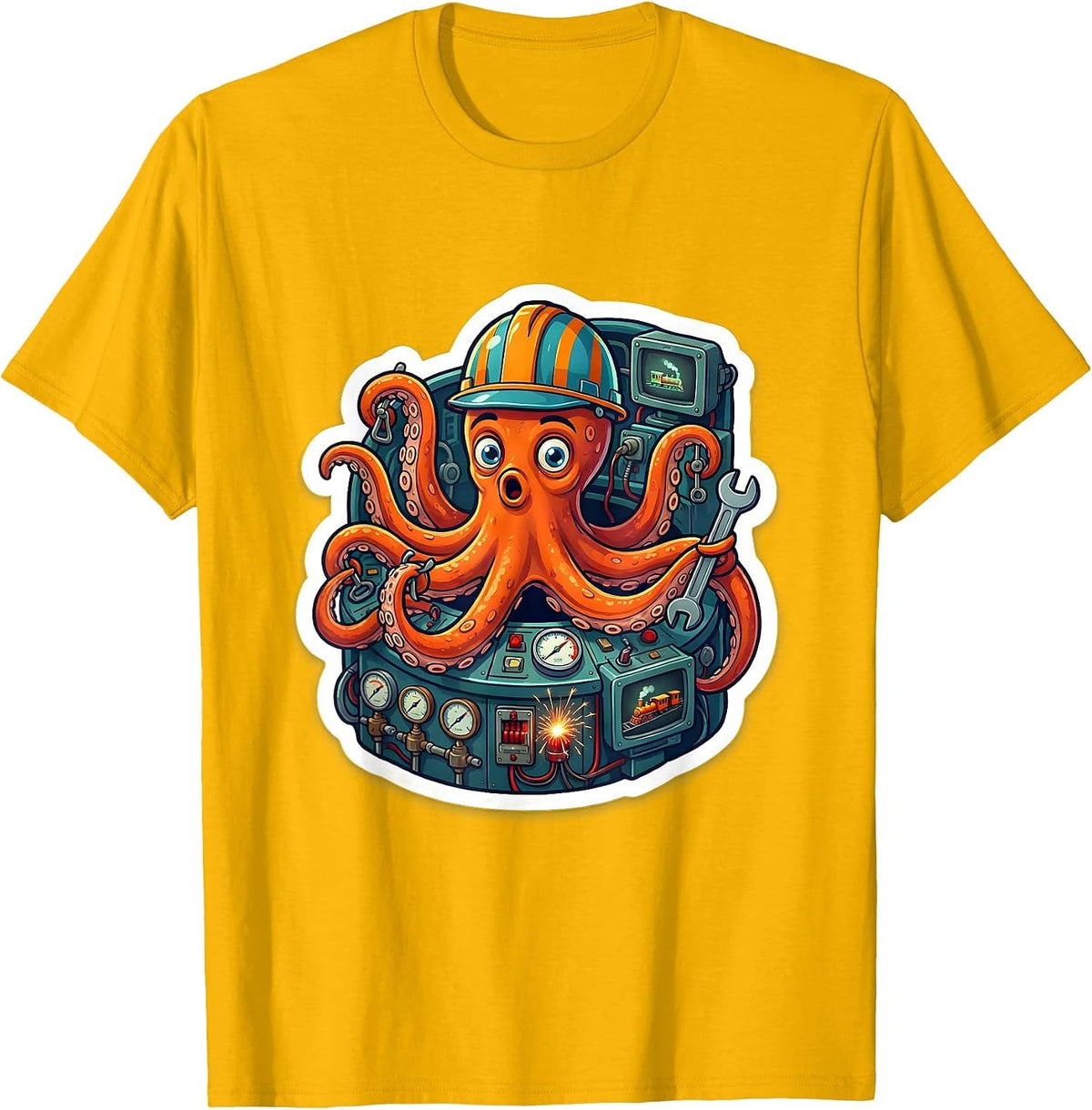 Men's Octopus Engineer Chaos Train Control Room T-Shirt - Golden Yellow