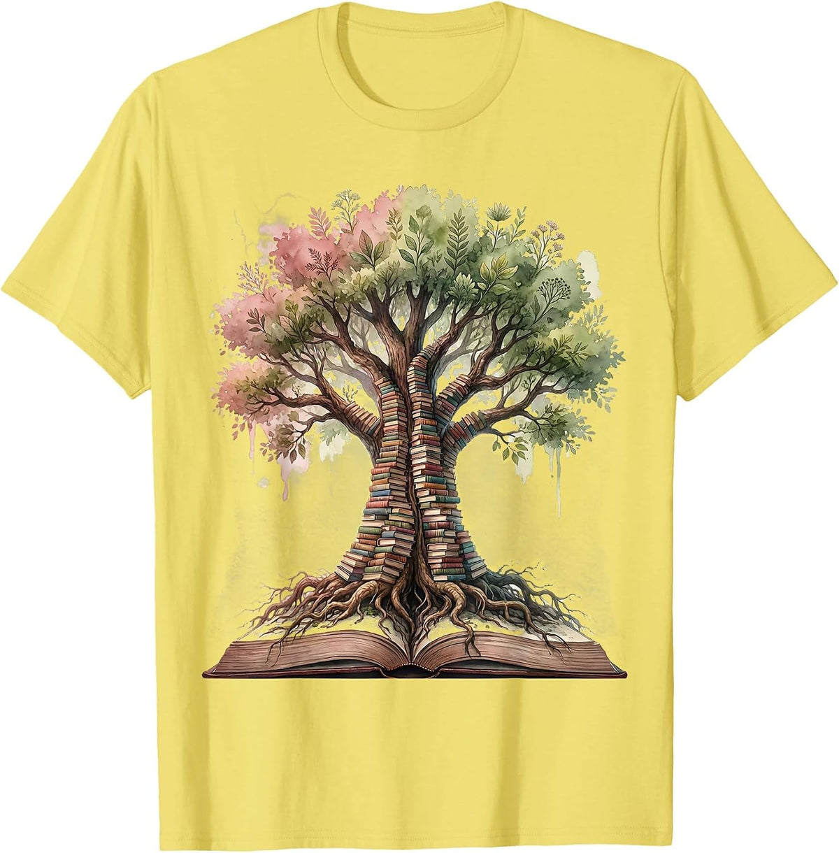 Men's Library Bookshelf Tree Illustration Graphic T-Shirt - Lemon Yellow