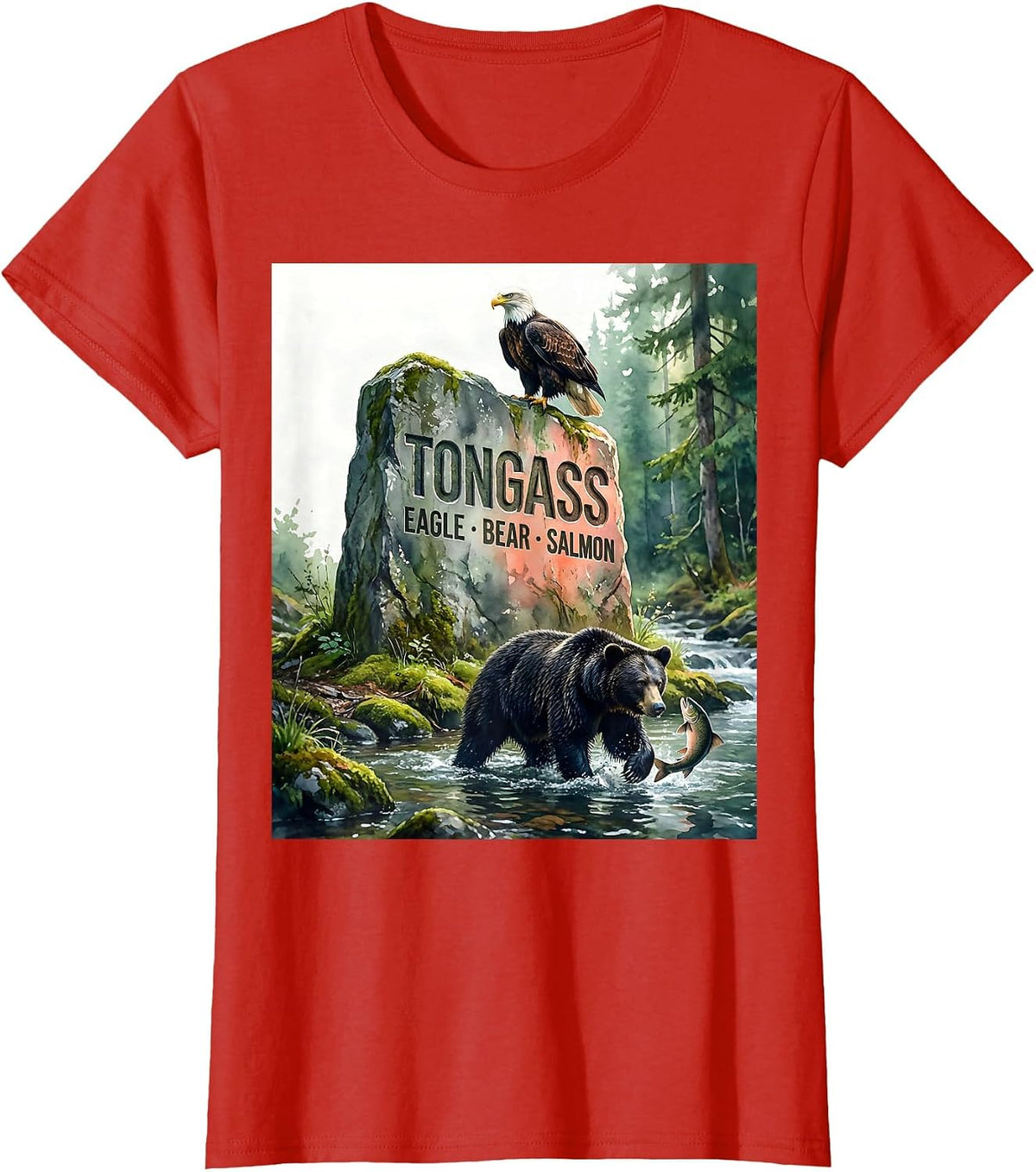 Tongass — Eagle, Bear, Salmon Vintage Alaska Wildlife T-Shirt - Red