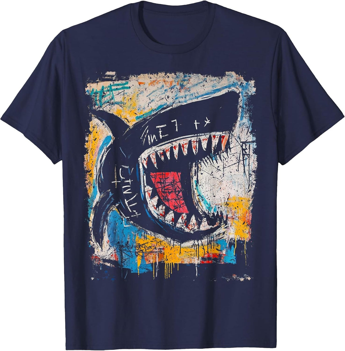 Pop Art Style Shark 90s Men's Graffiti T-Shirt - Navy Blue