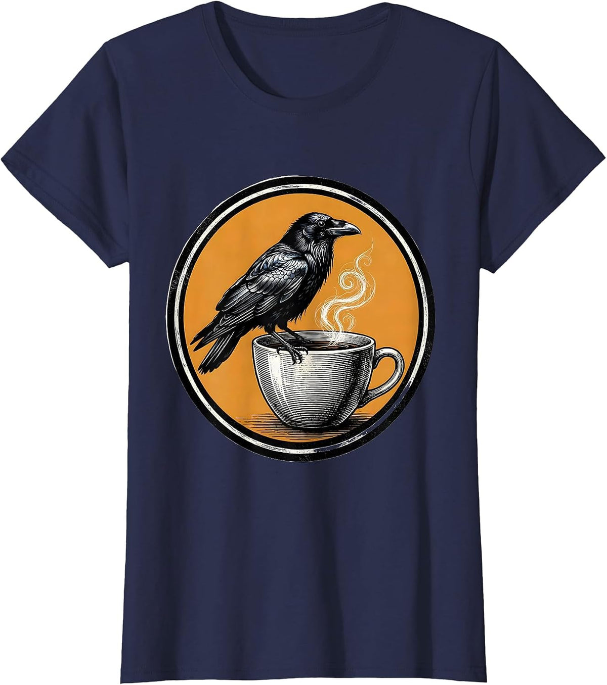 Women's Cawf Crow Perched on a Steaming Coffee Cup T-Shirt - Navy Blue