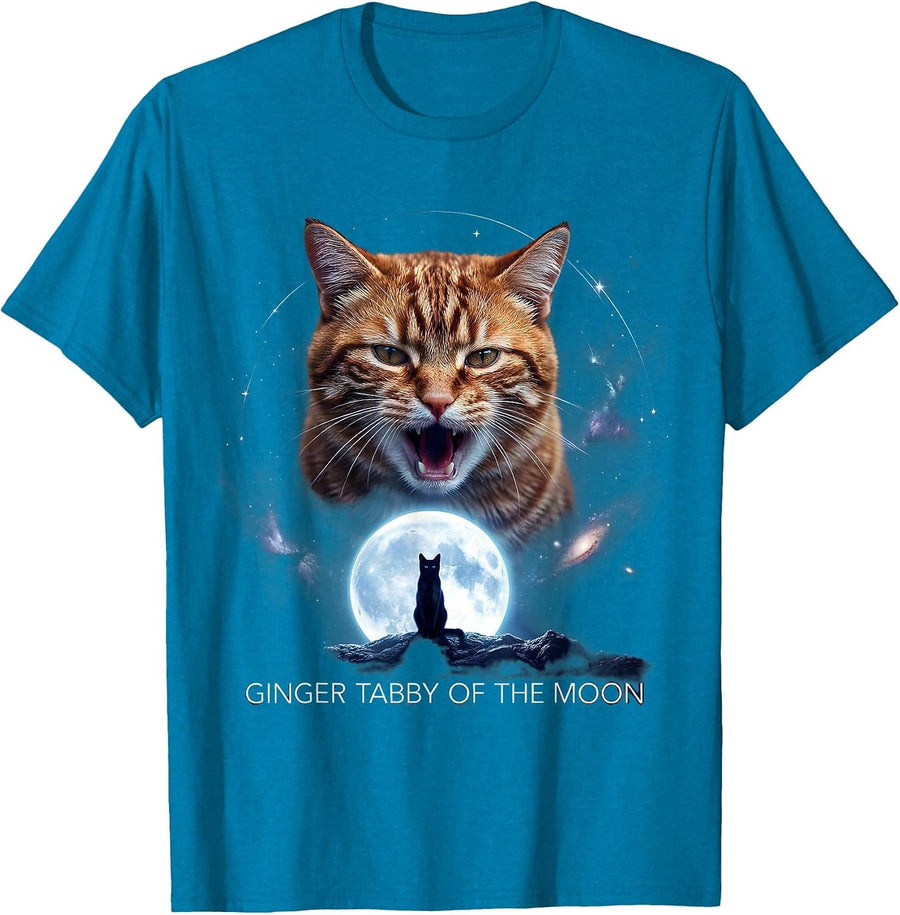 Ginger Tabby Of The Moon Cosmic Retro Cat Owner Humor T-Shirt - Sapphire Blue