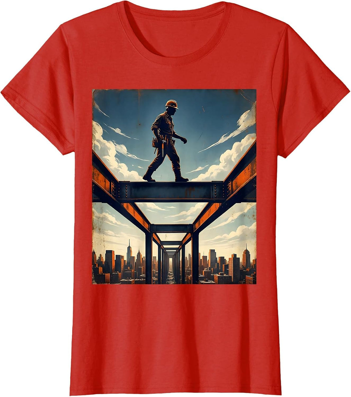 Labor Day Ironworker Walking Steel Beam T-Shirt - Red
