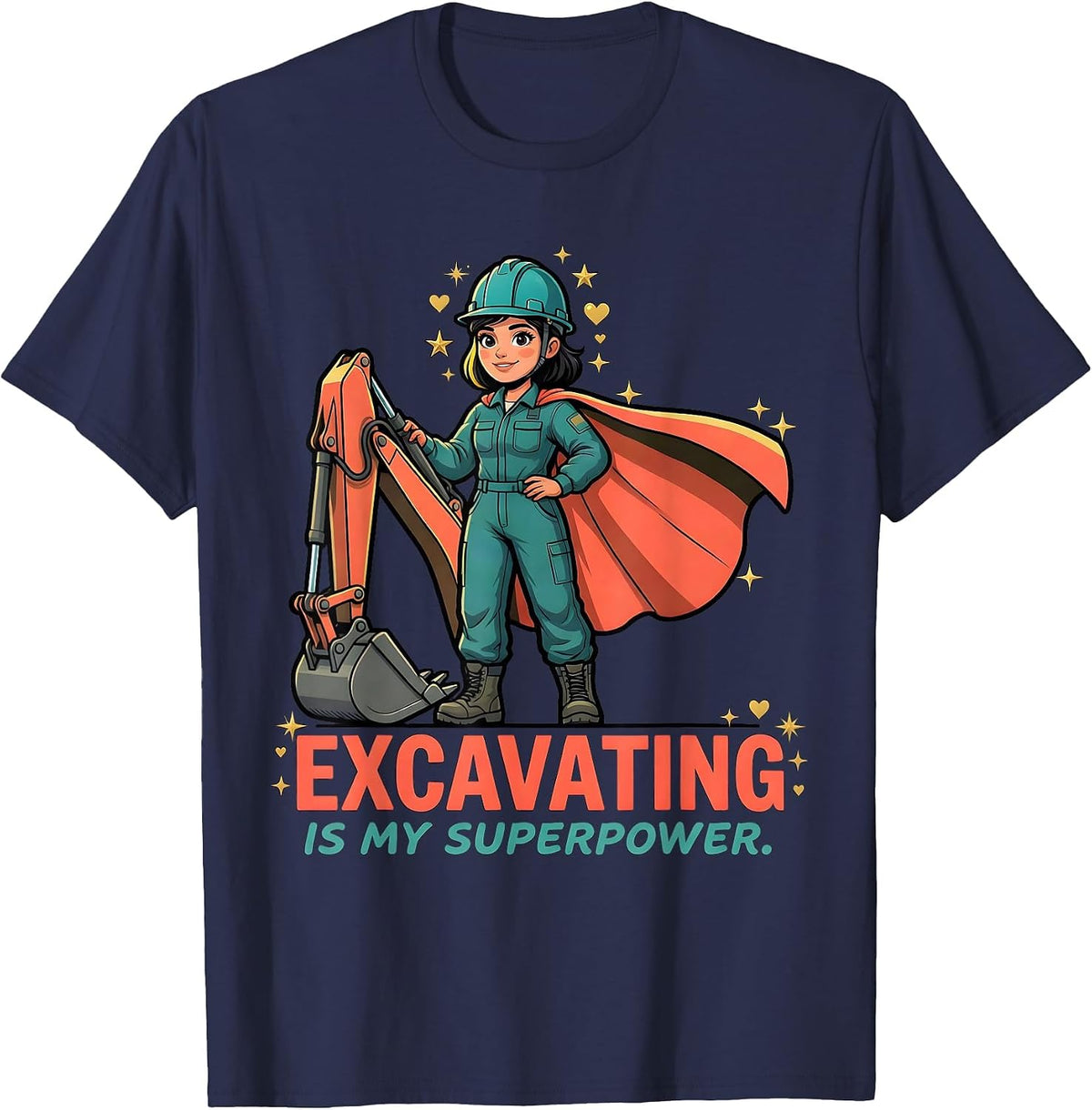 EXCAVATING IS MY SUPERPOWER Cartoon Excavator Operator T-Shirt - Navy Blue