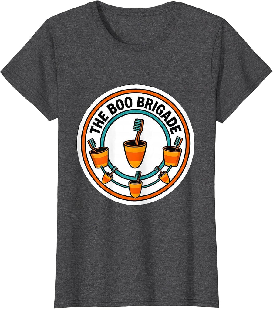 Women's The Boo Brigade Funny Dental Hygienist Halloween Humor T-Shirt - Dark Heather Grey