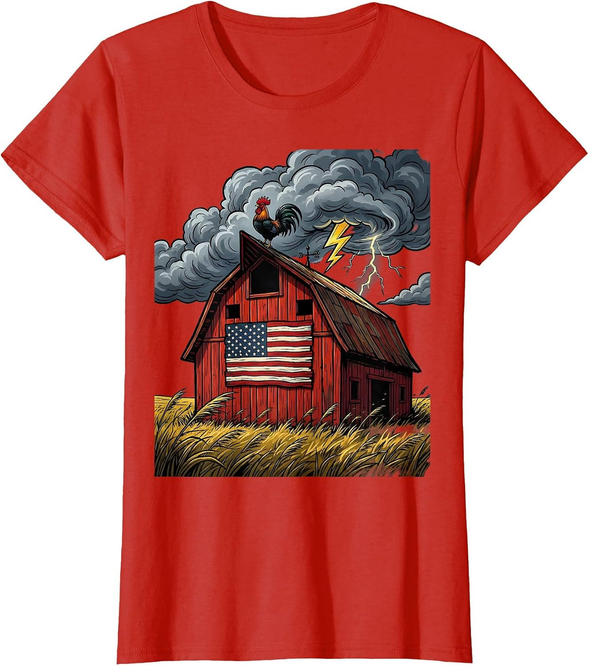 Rustic Barn Stormy Midwestern Sky Merica Design T-Shirt - Red