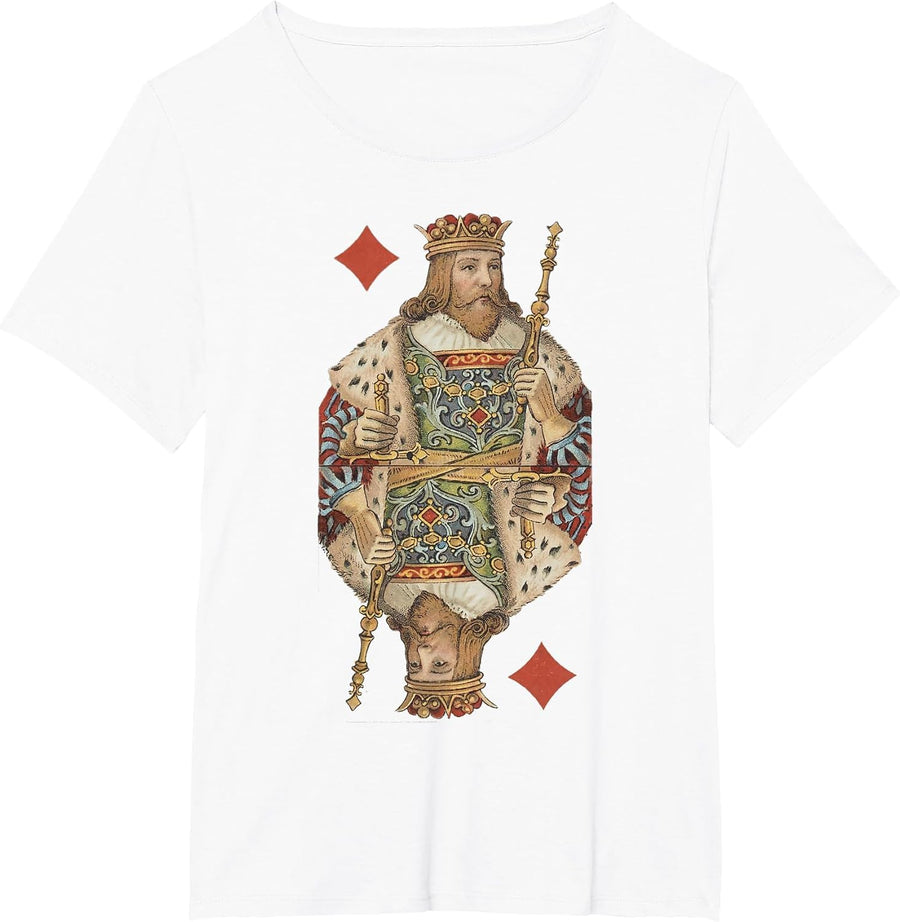 King of Diamonds Antique Art Nouveau Playing Card Art T-Shirt, Women's Plus, White, 1X - As Pictured