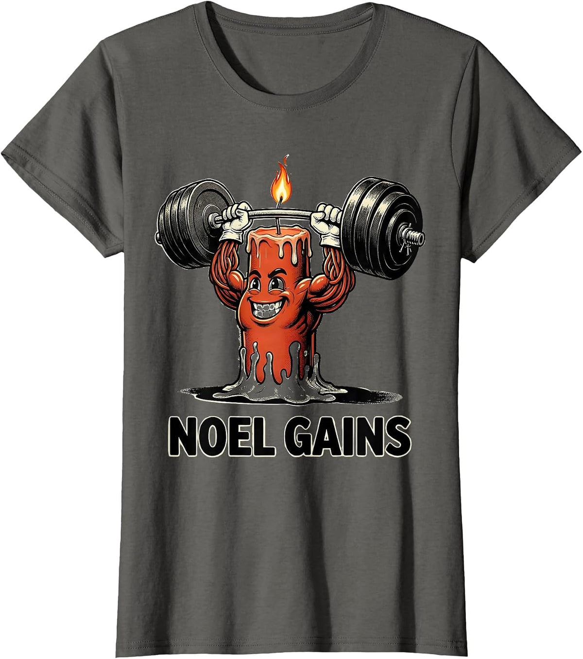 Women's Noel Gains Retro Cartoon Funny Christmas Gym Weightlifting T-Shirt - Asphalt Grey