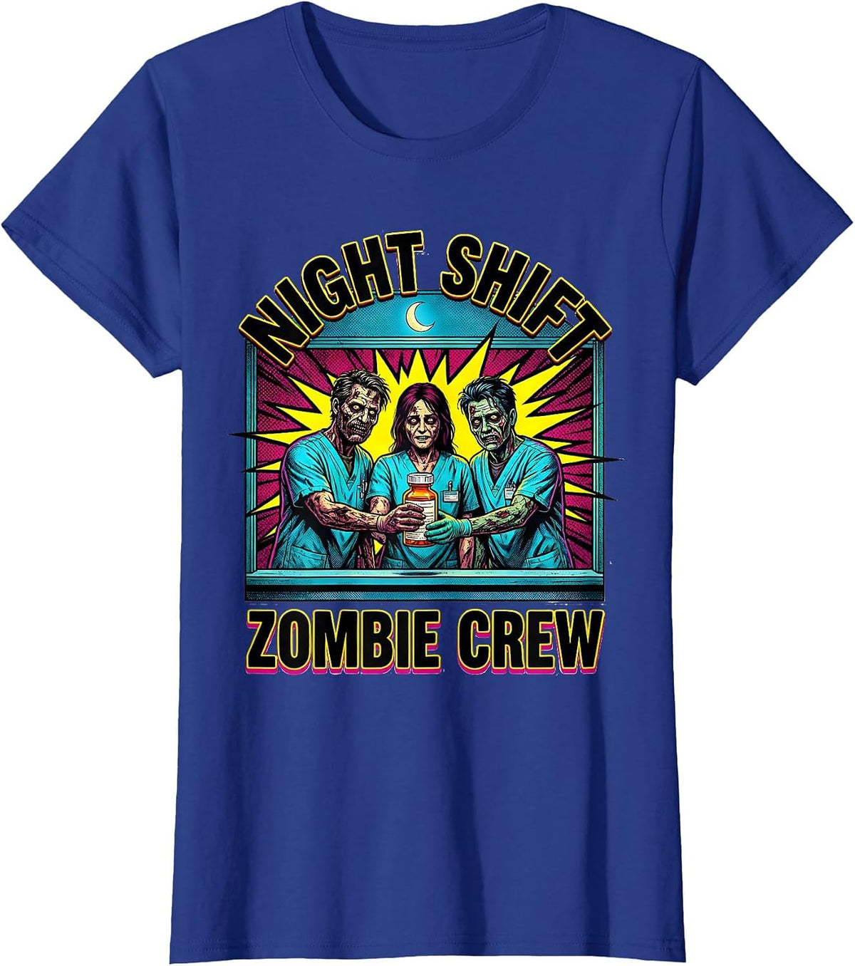 Women's Night Shift Zombie Crew Pop Art Pharmacy Tech Halloween T-Shirt - Royal Blue