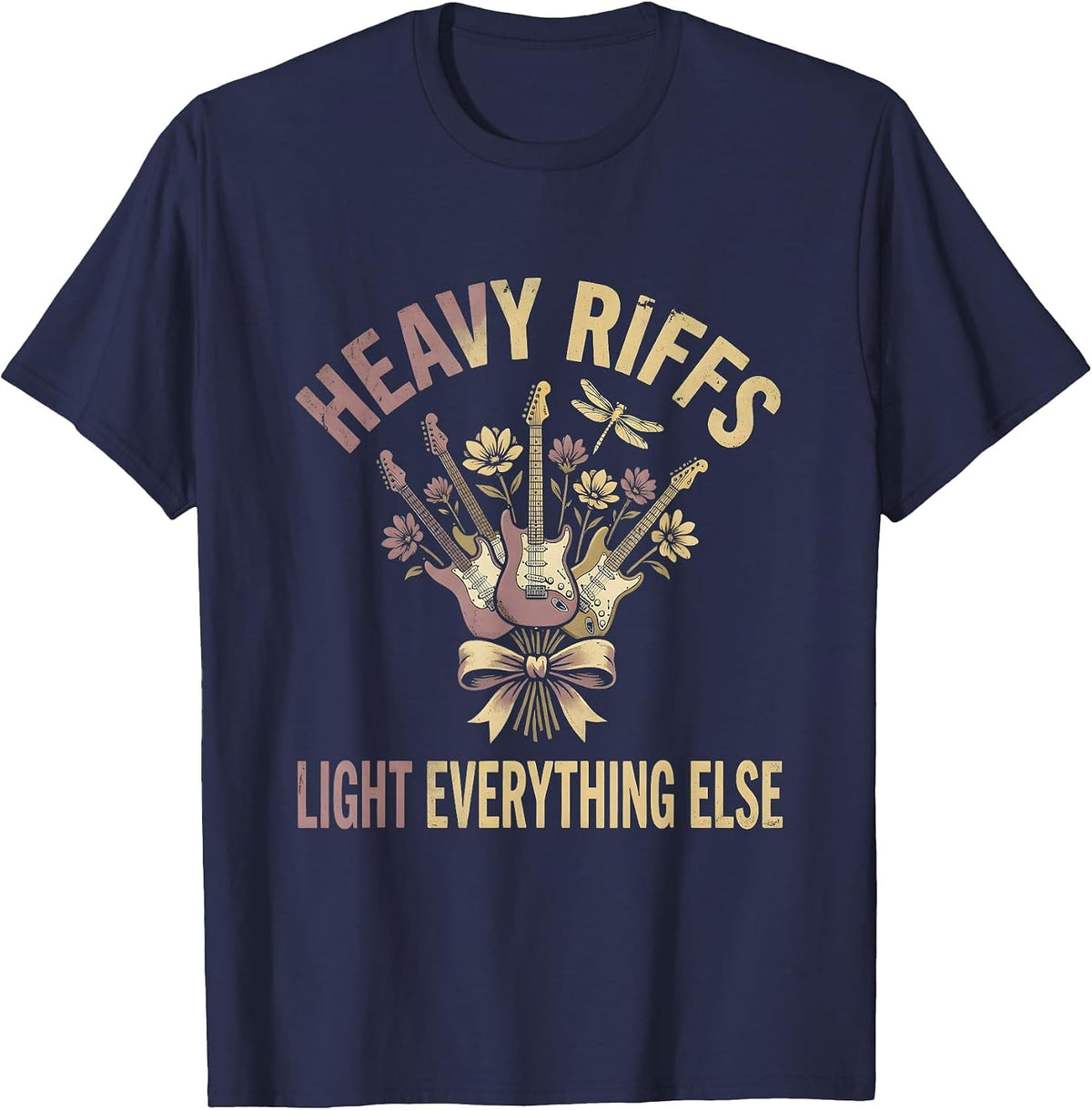Heavy Riffs Light Everything Else Rock Design T-Shirt - Navy Blue