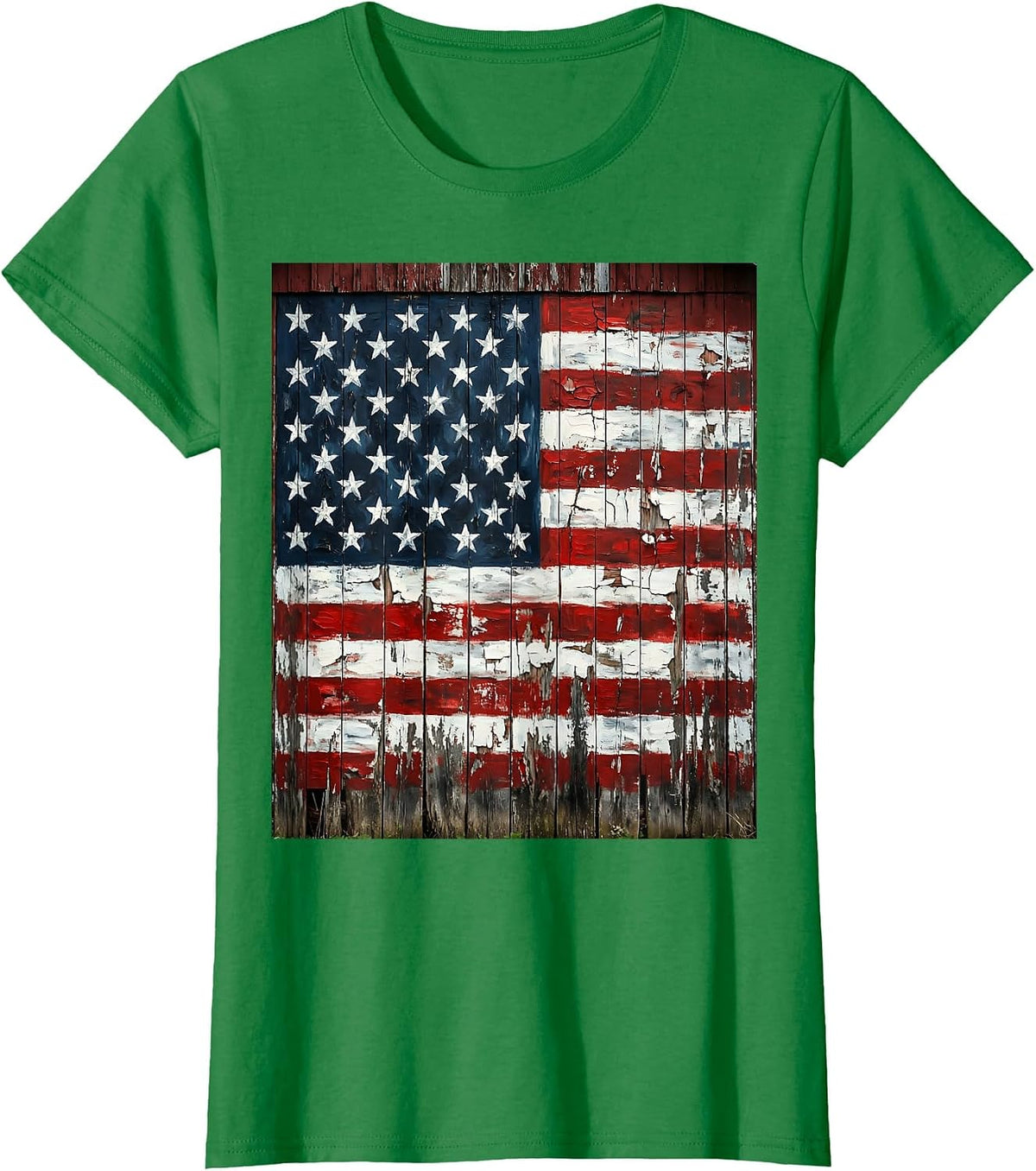 Women's USA Flag Weathered Barn Rustic Patriotic Design T-Shirt - Kelly Green