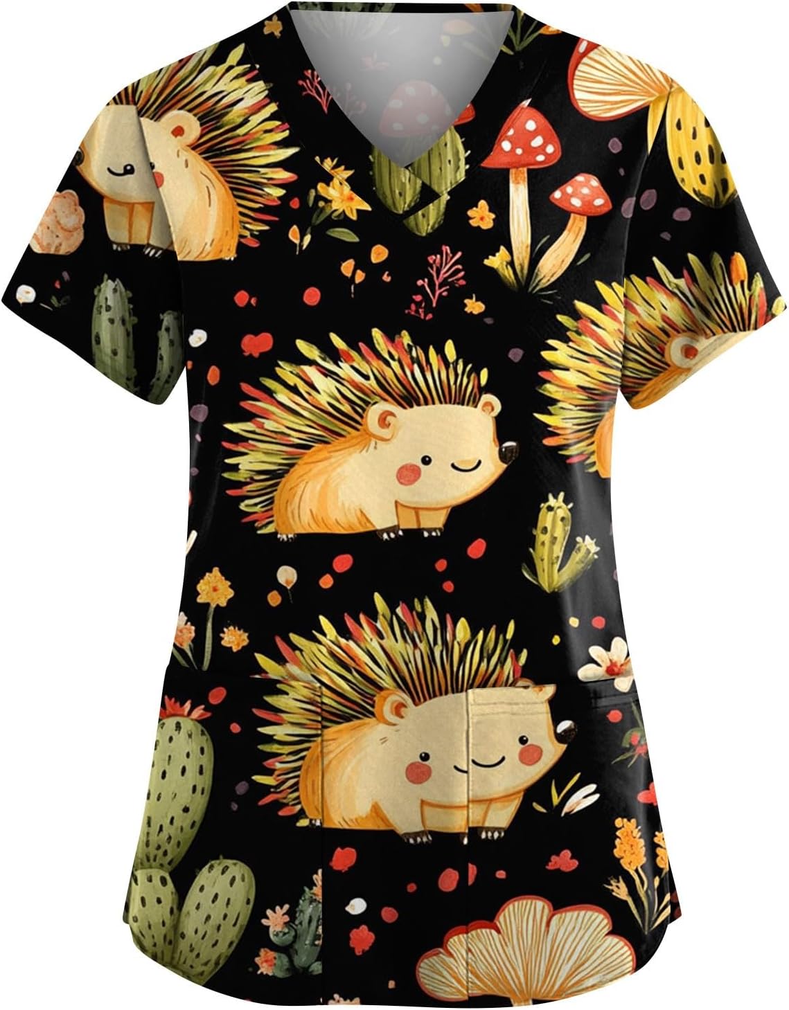 Scrub Tops Women Short Sleeve V Neck Womens Scrubs with Pocket - 03-black