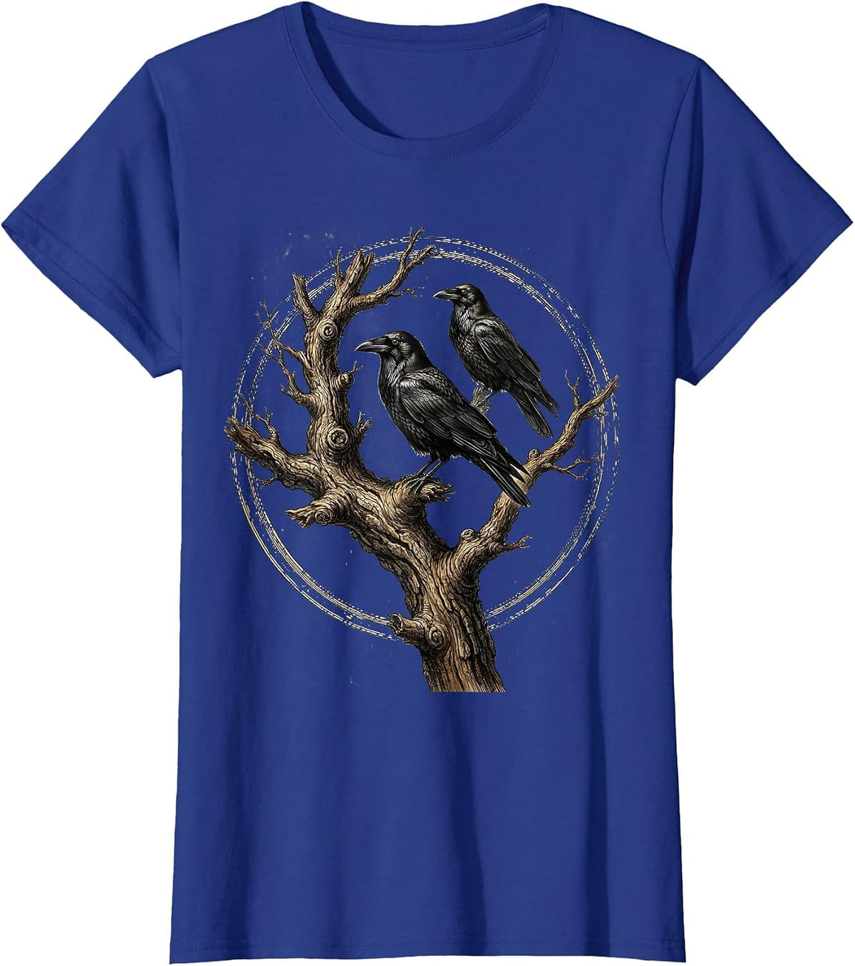 Women's Crow on Bare Branch Fall Gothic Nature Art T-Shirt - Royal Blue