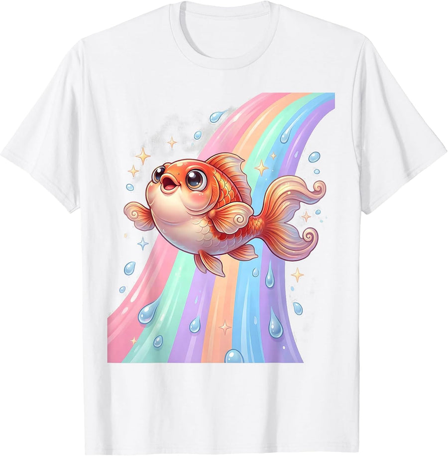 Men's Koi Fish Leaping Through Rainbow Waterfall T-Shirt - White