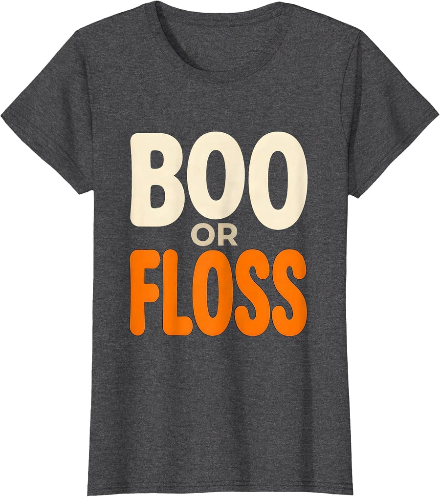 Women's Boo Or Floss Funny Dental Hygienist Halloween Humor T-Shirt - Dark Heather Grey
