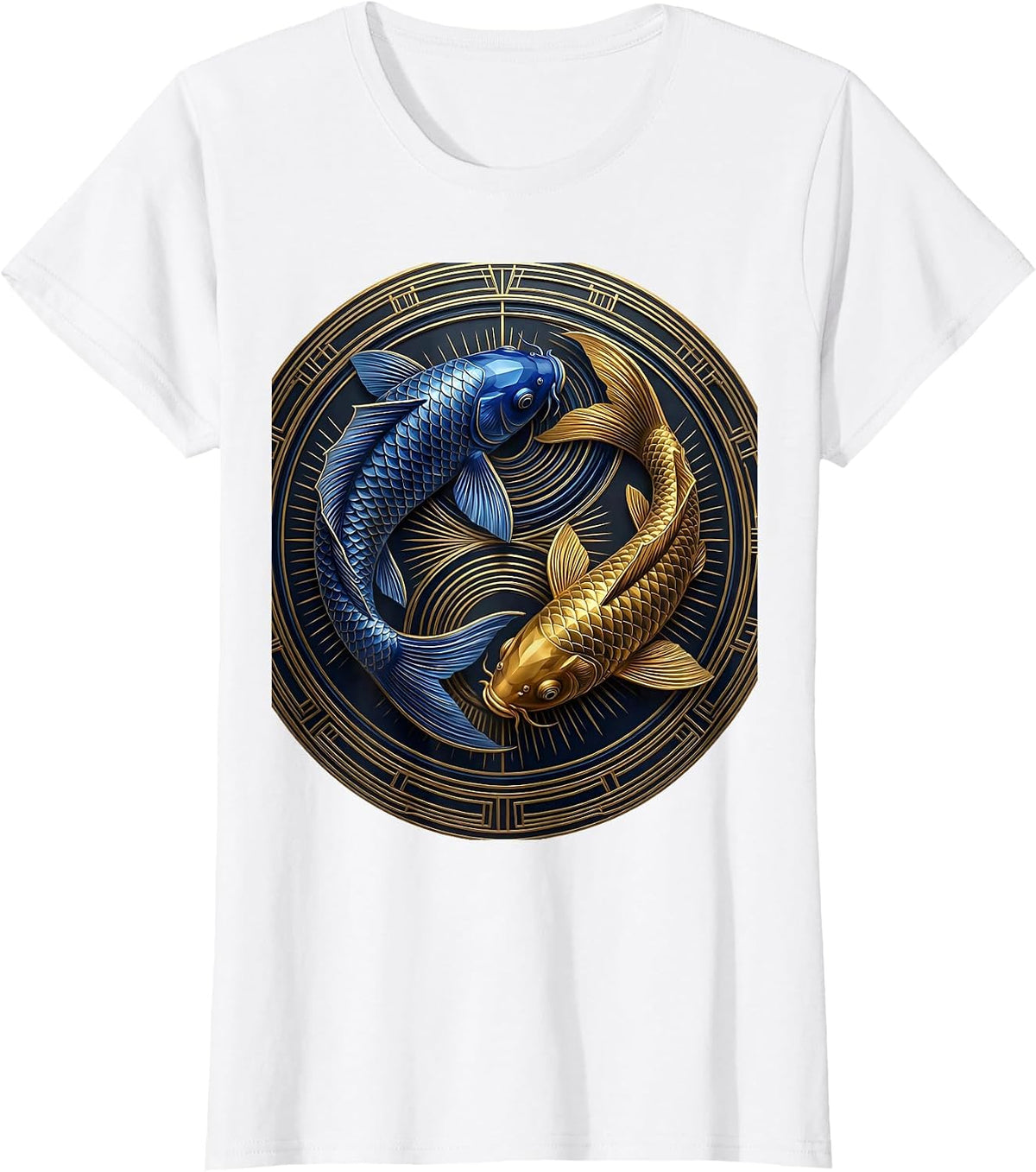 Blue and Gold Koi Fish Chase Graphic Design T-Shirt - White